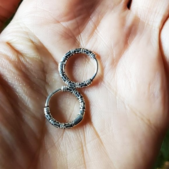 Sterling Hoop Earrings Pattern Earring For Women / Men . S925 Sterling Silver pl - Picture 2 of 5